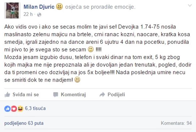 Milan_Djuric_exit_FB.jpg - Milan Đurić se zaljubio: Pomozite mu da nađe ovu djevojku!