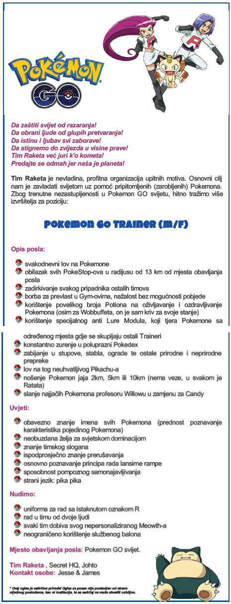 Pokemon GO oglas - Oglas za radno mjesto: Pokemon GO trener