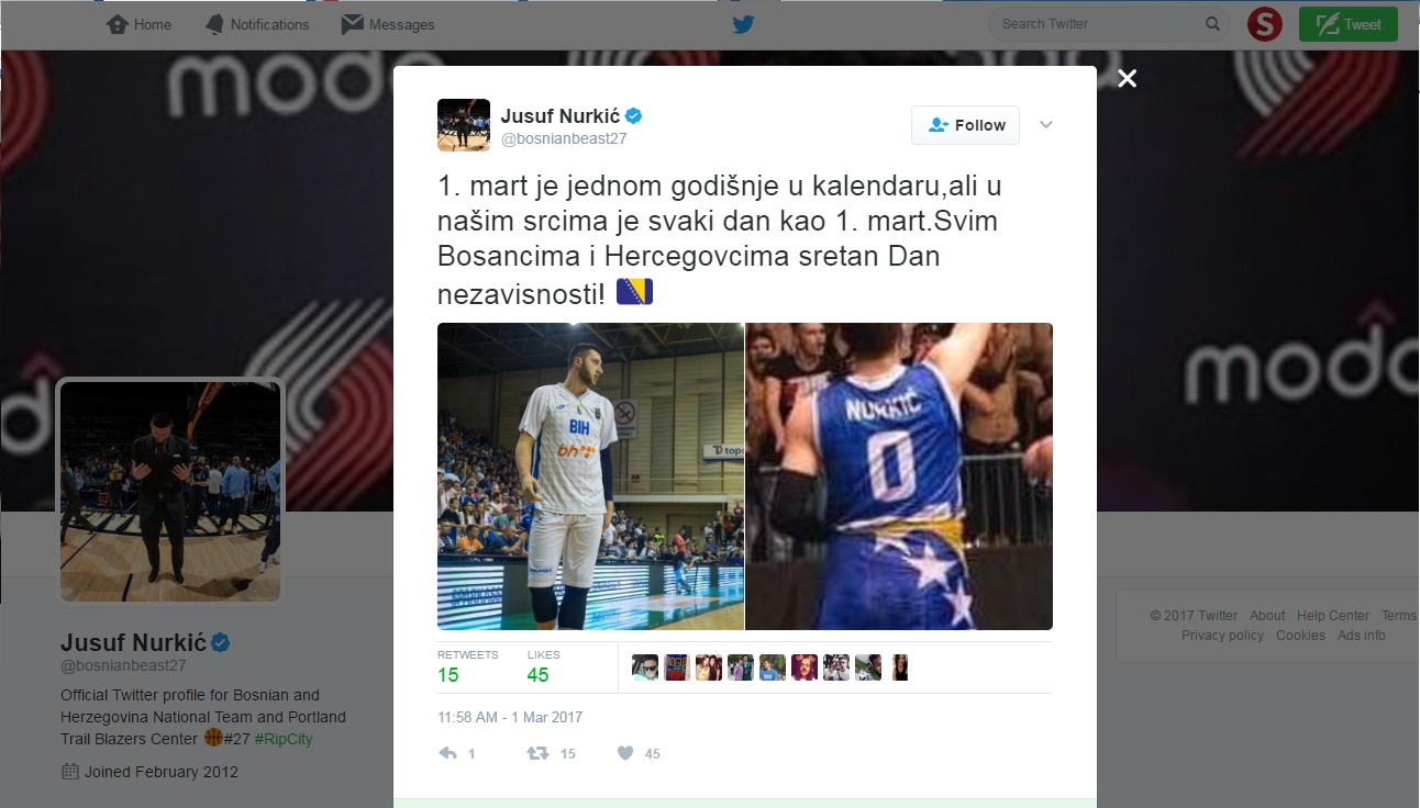 Twitter - Teletović i Nurkić čestitaju Dan nezavisnosti: Slavimo BiH svaki dan u svom srcu