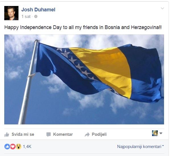 Josh_Duhamel_FB.JPG - Poznati glumac Josh Duhamel čestitao Dan nezavisnosti BiH