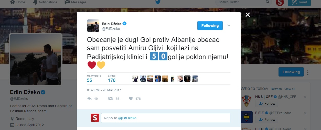 Twitter - Humani Zmaj: Džeko jubilarni 50. gol poklonio teško bolesnom dječaku