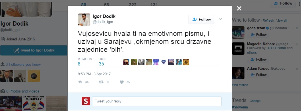 igor_dodik_vujosevic_twitter_komentar.jpg - Dodikov sin uputio pogrdnu poruku Vujoševiću: Uživaj u Sarajevu, okrnjenom srcu