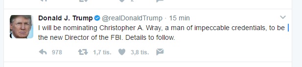 trump_twitter.jpg - Trump za novog direktora FBI-ja predlaže Christophera Wraya