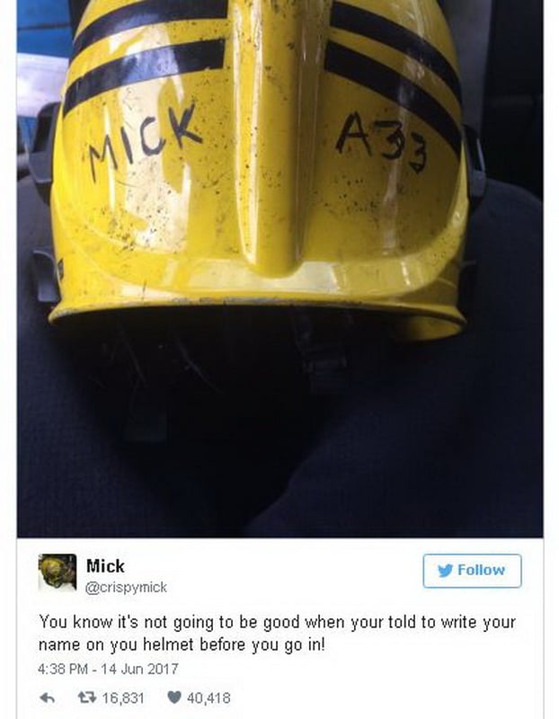 mick_pozar_london_twitter.JPG - Tweet londonskog vatrogasca: Ne sluti na dobro kada morate pisati svoje ime na kacigu