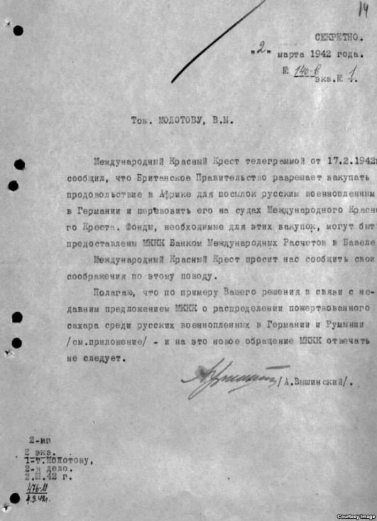 Zahtjev od Crvenog krsta da se pomogne sovjetskim zatvorenicima sa napomenom „Ne odgovarajte“ ispisano rukopisom Molotova. - undefined