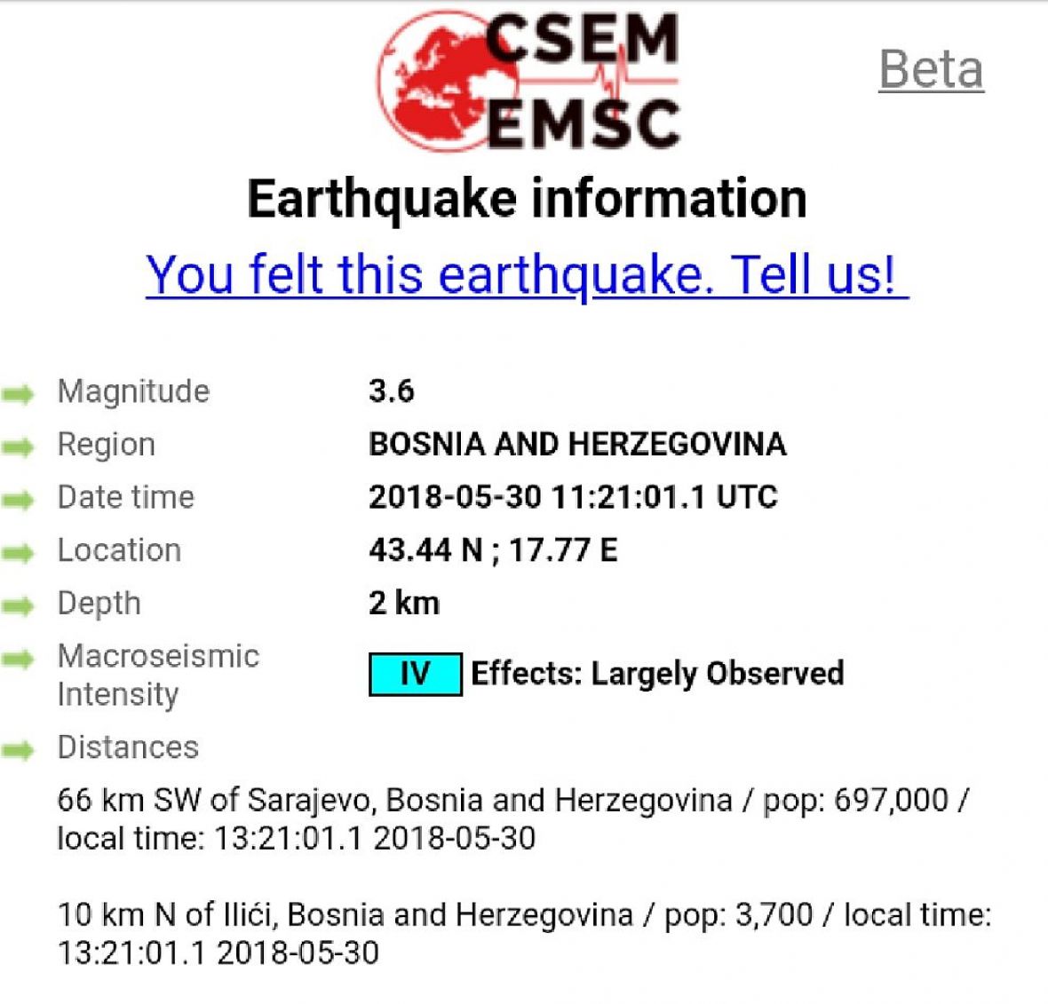 Zemljotres jačine 3.6 stepena Rihtera - undefined