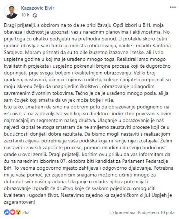 Post ministra kazazovića na Facebooku - undefined