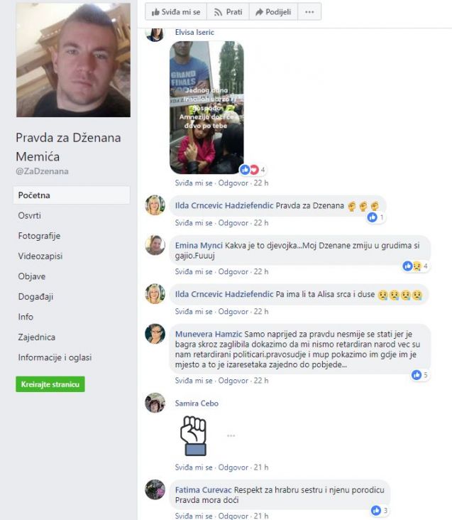 Komentari na Facebook stranici Pravda za Dženana - undefined