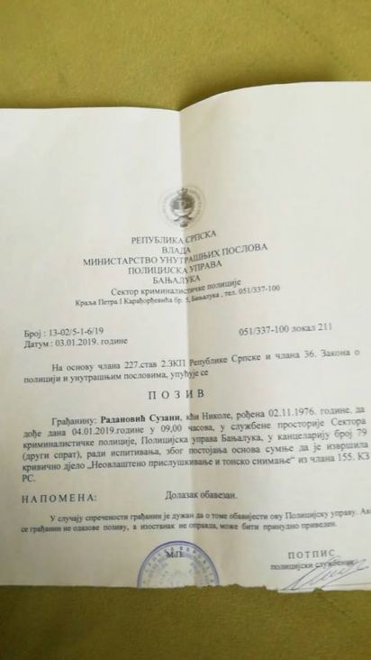 Poziv upućen Suzani Radanović - undefined