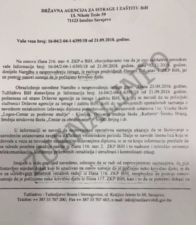 Dokument koji je sredinom novembra Tužilaštvo BiH dostavilo SIPA-i - undefined