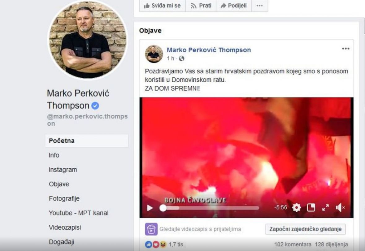 Sporna objava na stranici Marka Perkovića Thompsona  - undefined