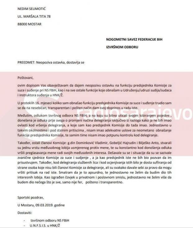 Faksimili ostavke i opoziva ostavke Nedima Selimovića, predsjednika Sudijske komisije Prve lige FBiH - undefined