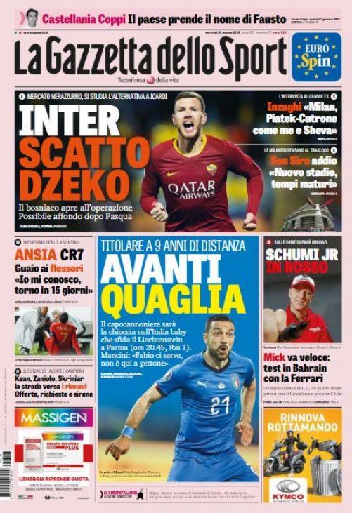 Edin Džeko na naslovnici La Gazzette dello Sport od 26. marta 2019.  - undefined