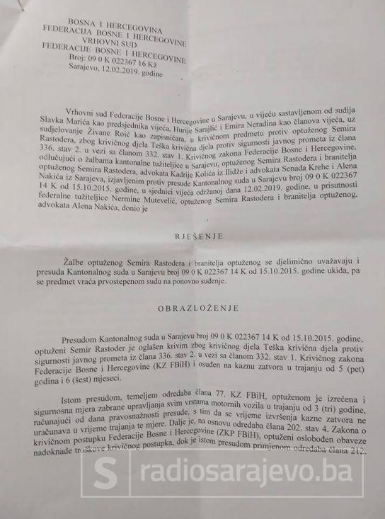 Odluka Vrhovnog suda FBiH da se ukida presuda Semiru Rastoderu - undefined