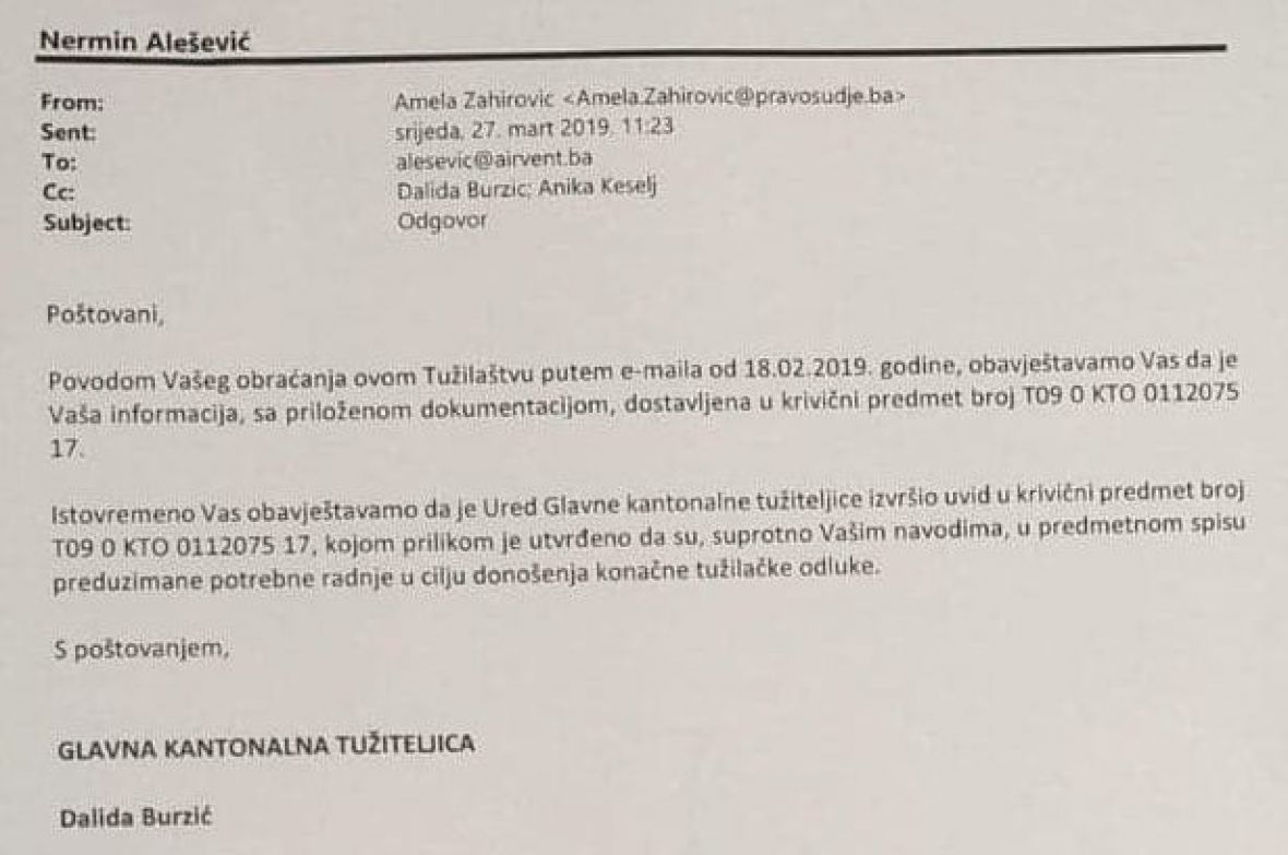 Odgovor glavne tužiteljice Tužilaštva Kantona Sarajevo Dalide Burzić privredniku Nerminu Aleševiću - undefined