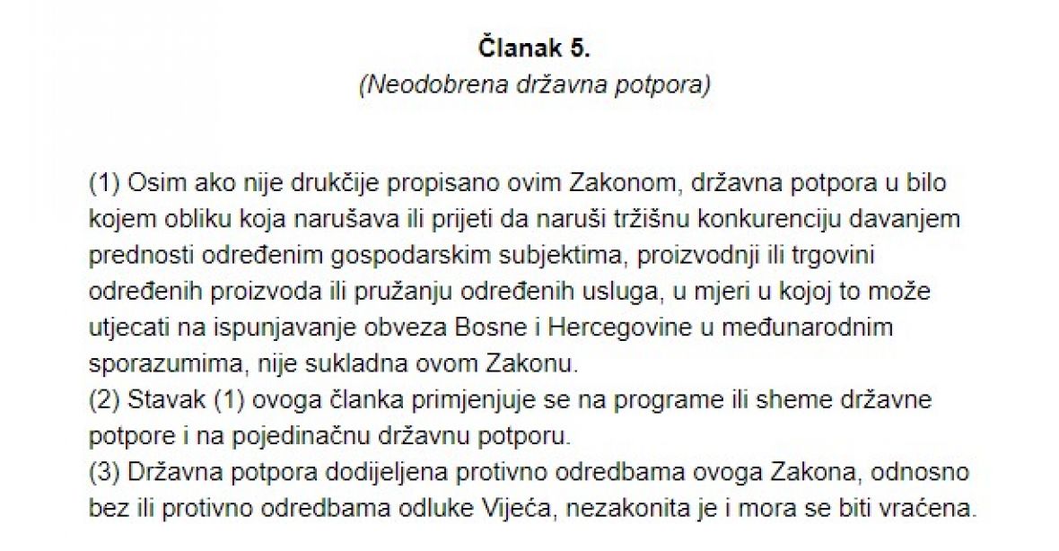 Član 5. Zakona o sistemu državne pomoći u BiH - undefined