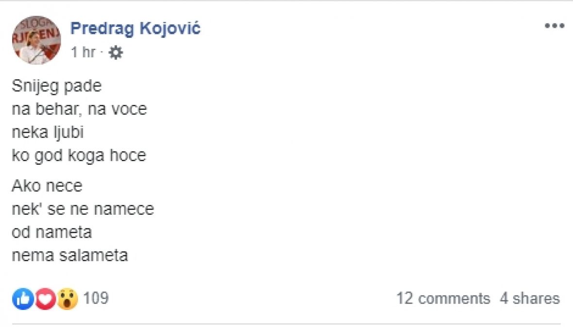 Facebook status Kojovića - undefined