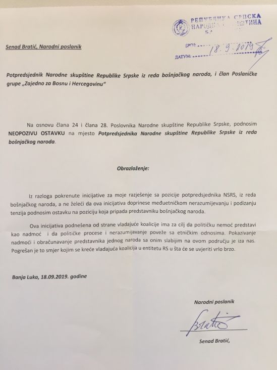 Senad Bratić, potpredsjednik Narodne skupštine RS podnio je neopozivu ostavku - undefined