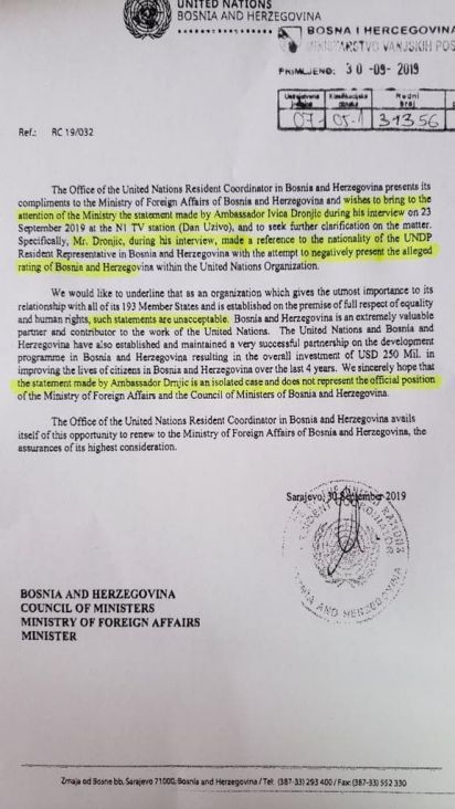 Protestno pismo Ujedinjenih nacija u Bosni i Hercegovini - undefined