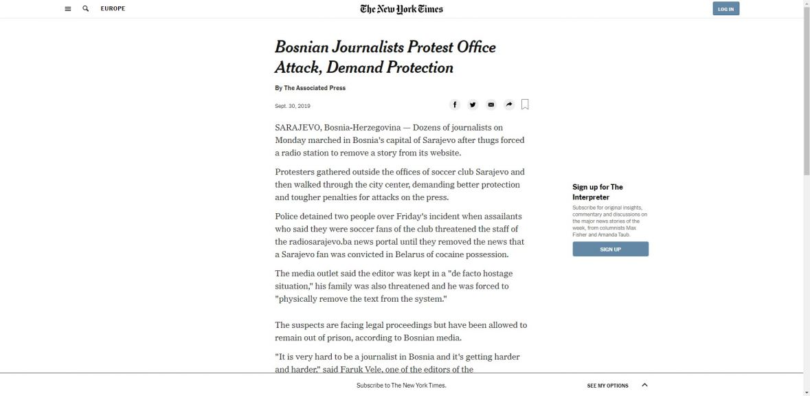 The New York Times o napadu na portal Radiosarajevo.ba - undefined