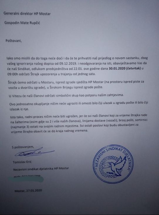 Dopis kojeg potpisuje Tomislav Erić - undefined