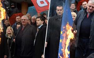 FOTO: Šešelj ispred suda u Beogradu zapalio zastave Evropske unije i NATO-a