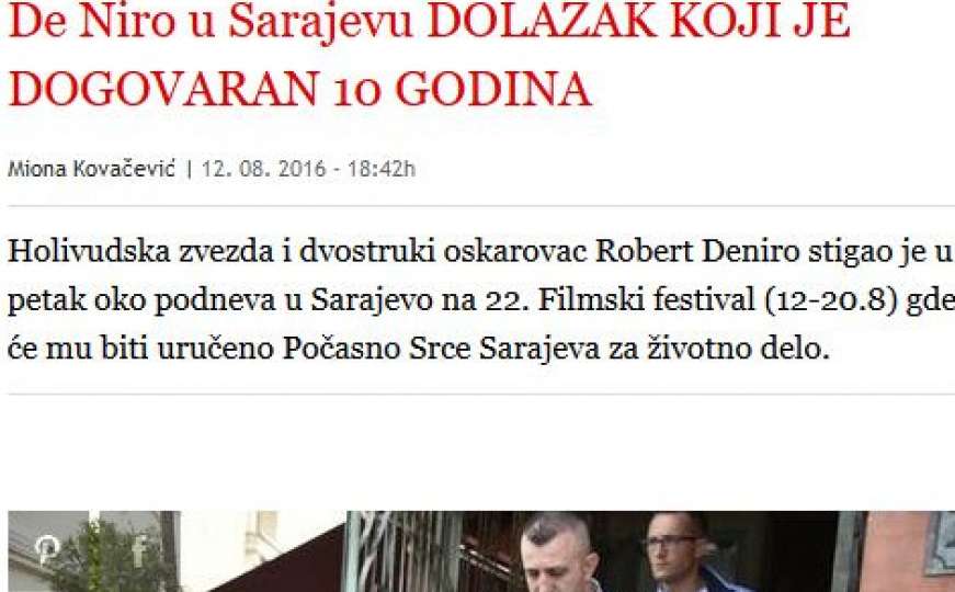 Kako mediji u regiji pišu o dolasku De Nira u Sarajevo 