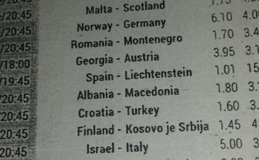  Ponuda kladionice u Mitrovici: ”Finland - Kosovo je Srbija?!”