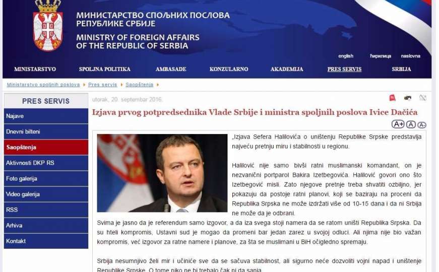 Dačić: Srbija neće dozvoliti uništenje RS-a ako dođe do vojnog napada
