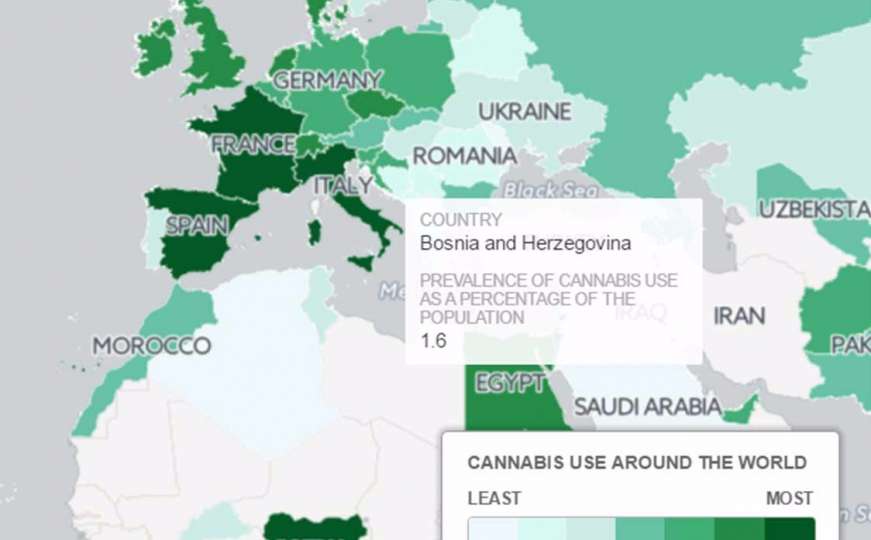 Mapa svijeta koja pokazuje gdje se najviše konzumira marihuana