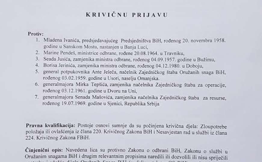 Podnesena prijava protiv Ivanića, Pendeš i čelnika Oružanih snaga BiH