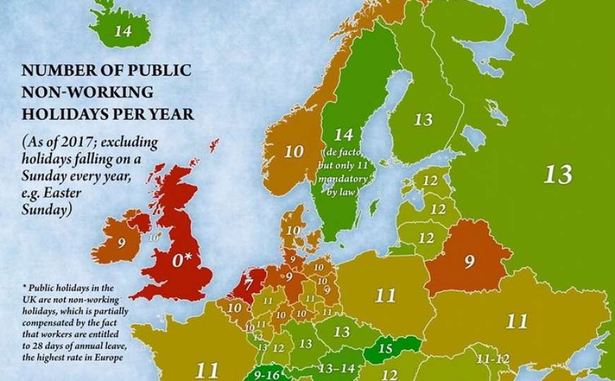 Mapa: Koliko zemlje Evrope imaju državnih praznika