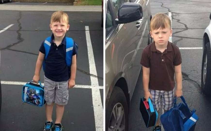 Fotografije mališana prije i poslije prvog dana škole