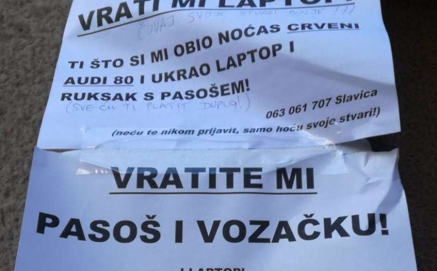 Poruka kradljivcu u Sarajevu: Vratite mi laptop, pasoš i vozačku
