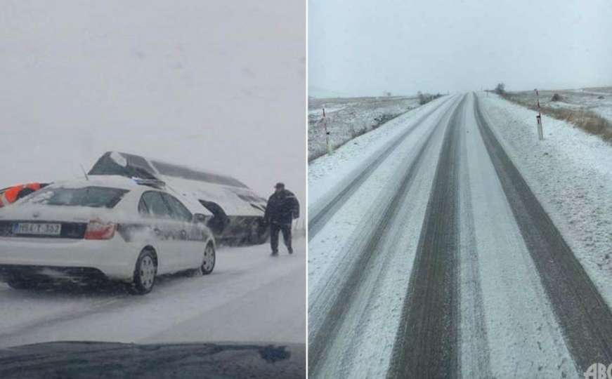 Izbjegnuta tragedija: Autobus zbog snijega skliznuo s ceste i prikliještio auto