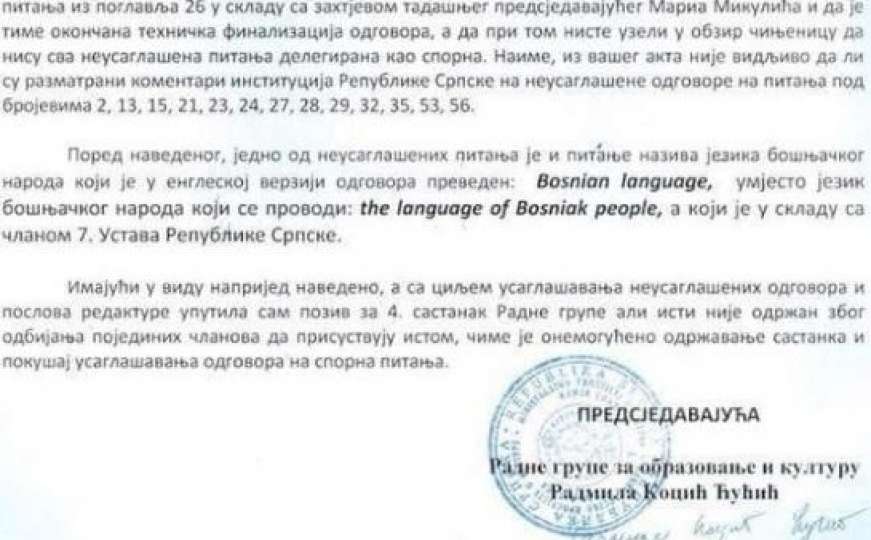 Republika Srpska blokirala predaju Upitnika: Sporan im naziv "bosanski jezik"
