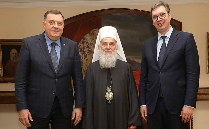 Dodik, Vučić i direktor BIA-e kod patrijarha Irineja na krsnoj slavi