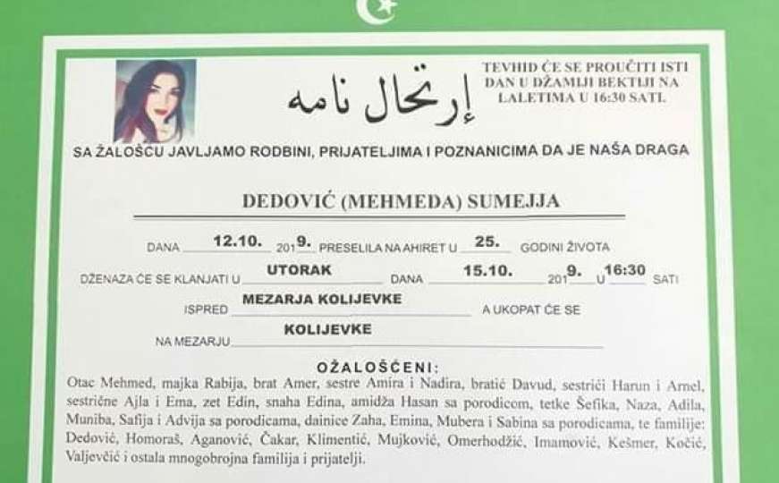 Tuga i bol u Goraždu: Poznato vrijeme dženaze djevojke koja je ubijena u Sarajevu