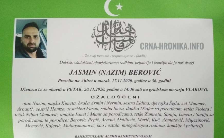 Velika tuga i bol u Sarajevu: Klanjana dženaza Jasminu Beroviću