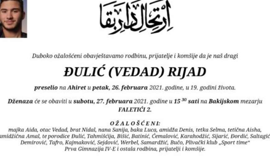 Sarajevo danas tuguje: Preminuo maturant Prve gimnazije Rijad Đulić