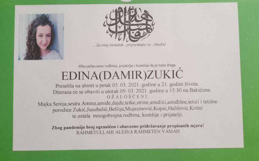 Preminula 21-godišnja studentica FPN-a u Sarajevu Edina Zukić