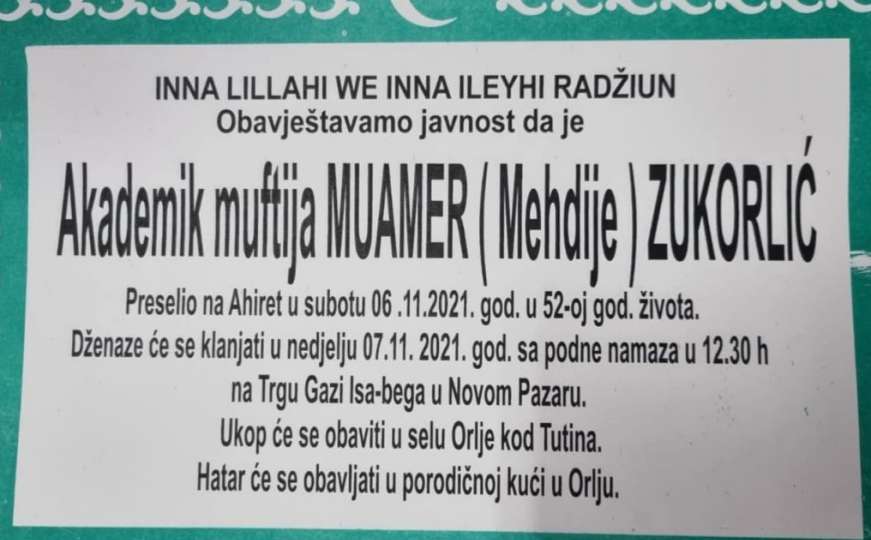 Poznato vrijeme i mjesto dženaze muftiji Muameru Zukorliću 