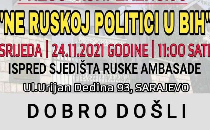 Najavljeno okupljanje ispred Ambasade Rusije: "Ne ruskoj politici u BiH"