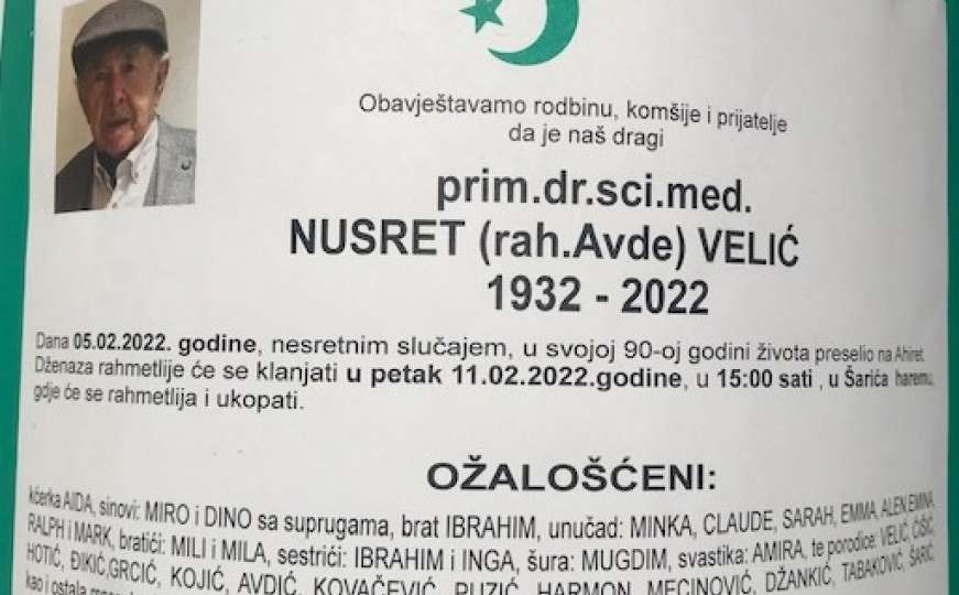 Preminuo ugledni bh. ginekolog Nusret Velić