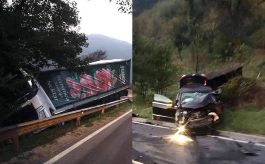 Saobraćajna nesreća na M-17: Kamion sletio s ceste, automobil smrskan