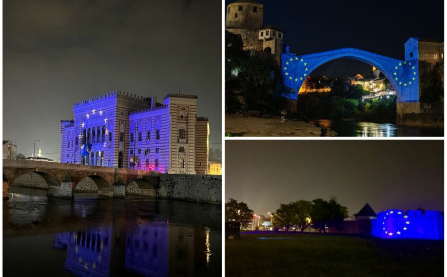 Nakon Vijećnice u bojama zastave Evropske unije osvijetljeni Stari most i tvrđava Kastel