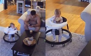 Urnebesan snimak: Beba 'ulijeće' u sobu, koristi trenutak nepažnje i krade kafu od tate