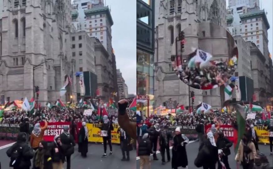 Zastava s ljiljanima u centru New Yorka na protestima za Gazu