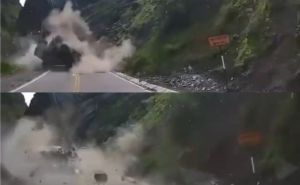 Nevjerovatan video iz Perua: Kamen pao na cestu i zdrobio kamion, vozač preživio