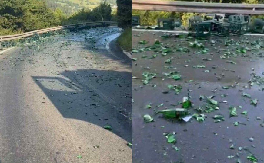 Obustava saobraćaja kod Olova: Spao teret sa kamiona, staklo rasuto svuda po cesti